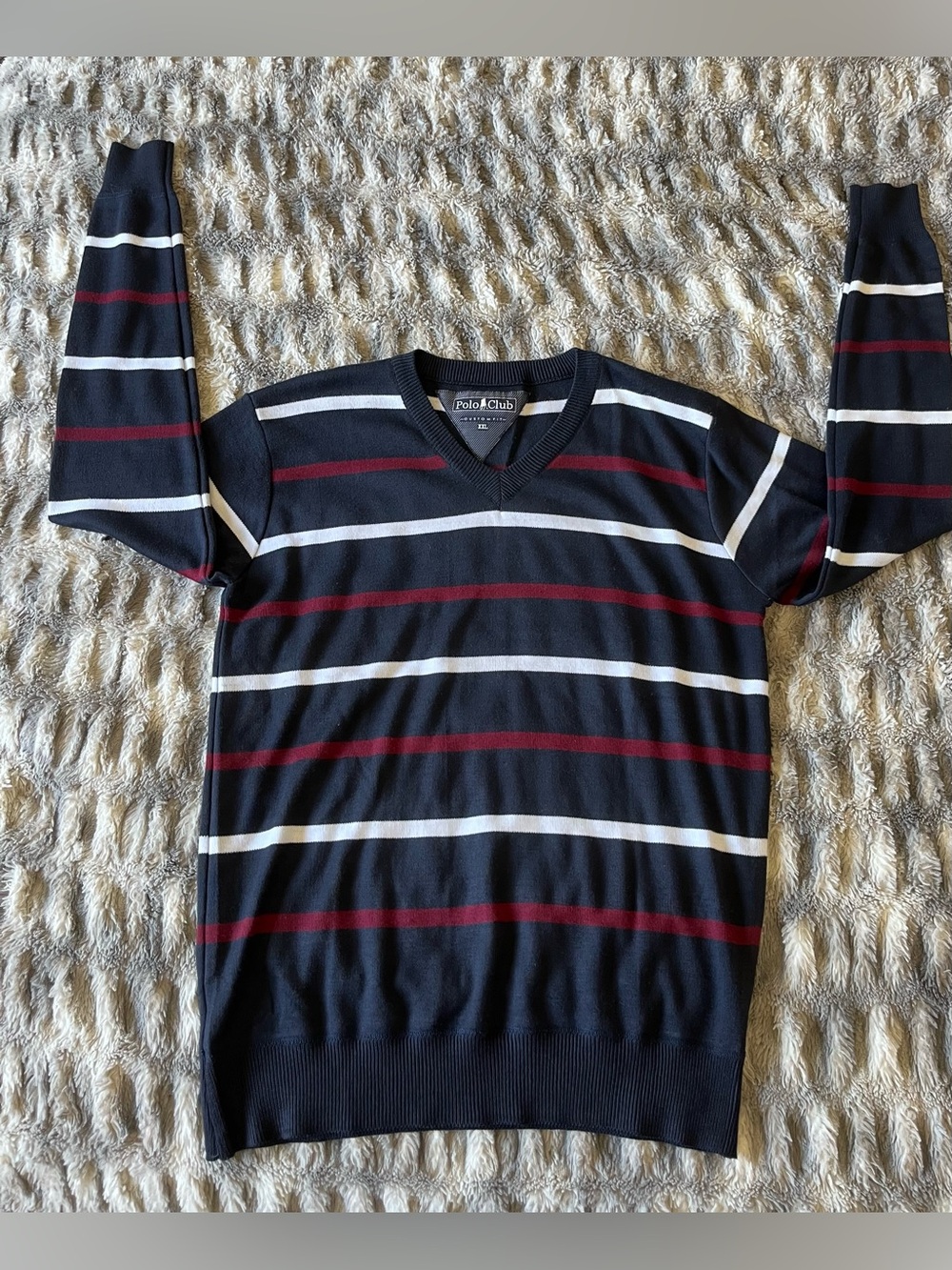 Polo Club Custom Fit Men’s XXL V-Neck Striped Sweater Navy Burgundy White Pullov